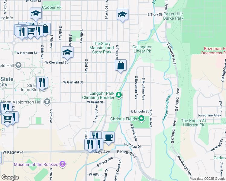 map of restaurants, bars, coffee shops, grocery stores, and more near Gallagator Linear Trail in Bozeman