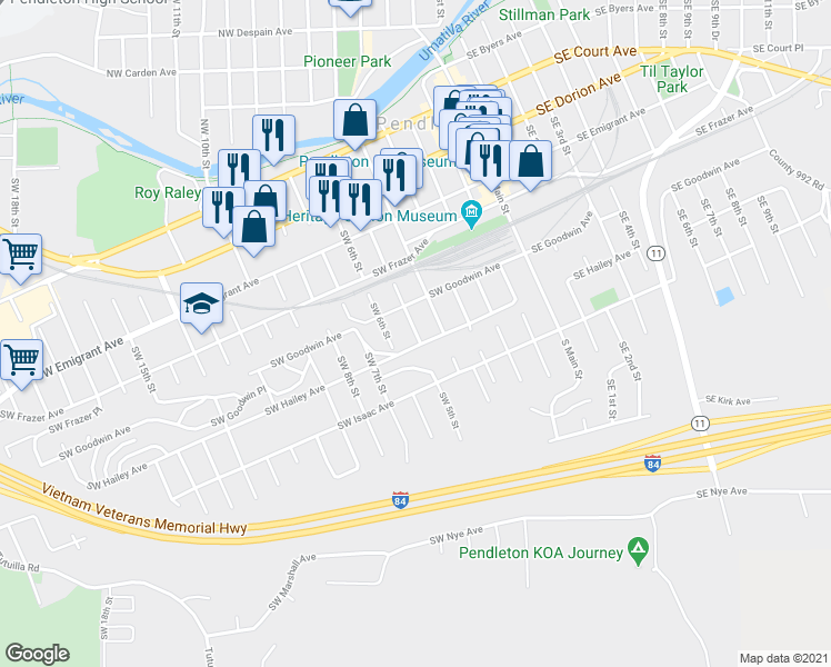 map of restaurants, bars, coffee shops, grocery stores, and more near 625 Southwest 5th Street in Pendleton