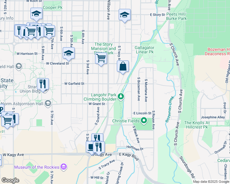 map of restaurants, bars, coffee shops, grocery stores, and more near Gallagator Linear Trail in Bozeman