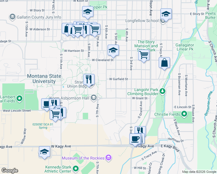 map of restaurants, bars, coffee shops, grocery stores, and more near 522 West Hayes Street in Bozeman