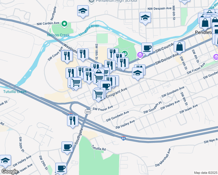 map of restaurants, bars, coffee shops, grocery stores, and more near 322 Southwest 18th Street in Pendleton