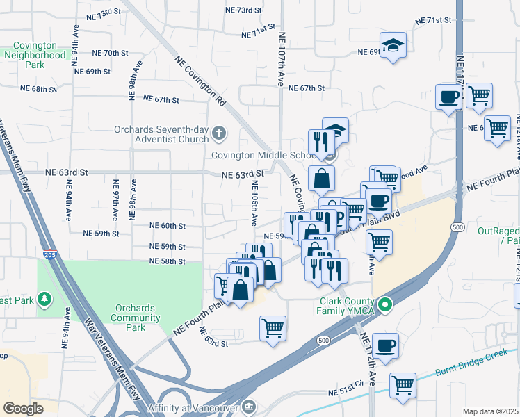 map of restaurants, bars, coffee shops, grocery stores, and more near 6007 Northeast 105th Avenue in Vancouver