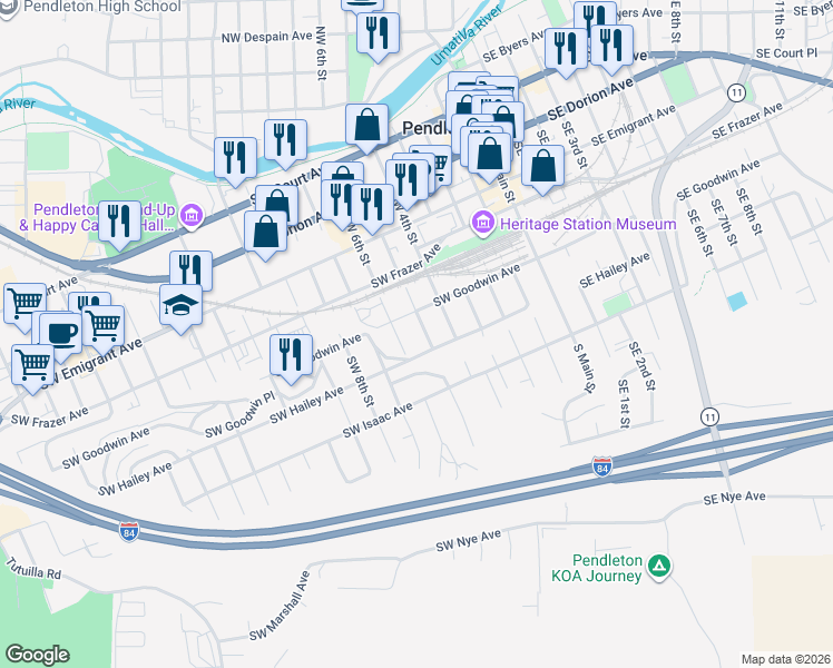 map of restaurants, bars, coffee shops, grocery stores, and more near 625 Southwest 5th Street in Pendleton