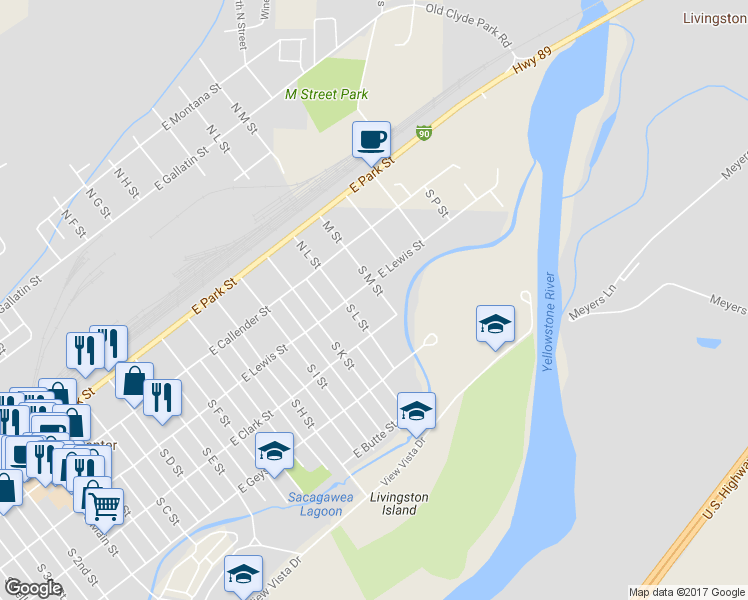 map of restaurants, bars, coffee shops, grocery stores, and more near 207 S M St in Livingston