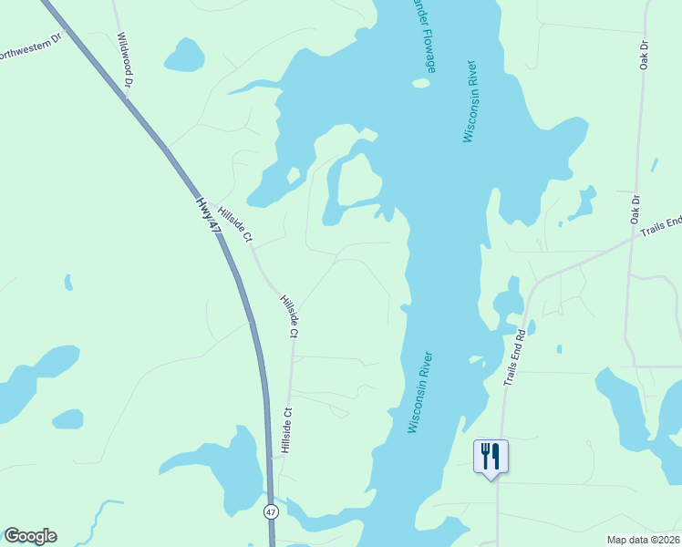 map of restaurants, bars, coffee shops, grocery stores, and more near 4121 Bass Bay Drive in Rhinelander