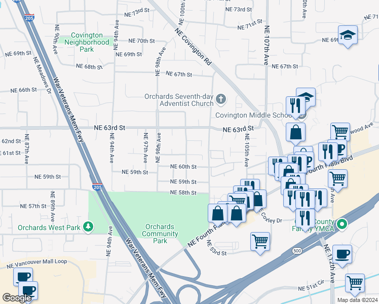 map of restaurants, bars, coffee shops, grocery stores, and more near 6103 Northeast 100th Avenue in Vancouver