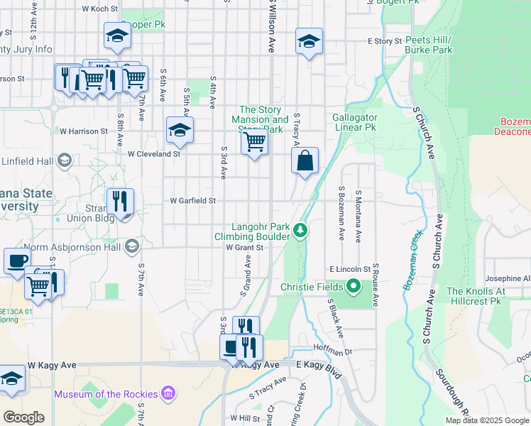 map of restaurants, bars, coffee shops, grocery stores, and more near 1301 South Willson Avenue in Bozeman