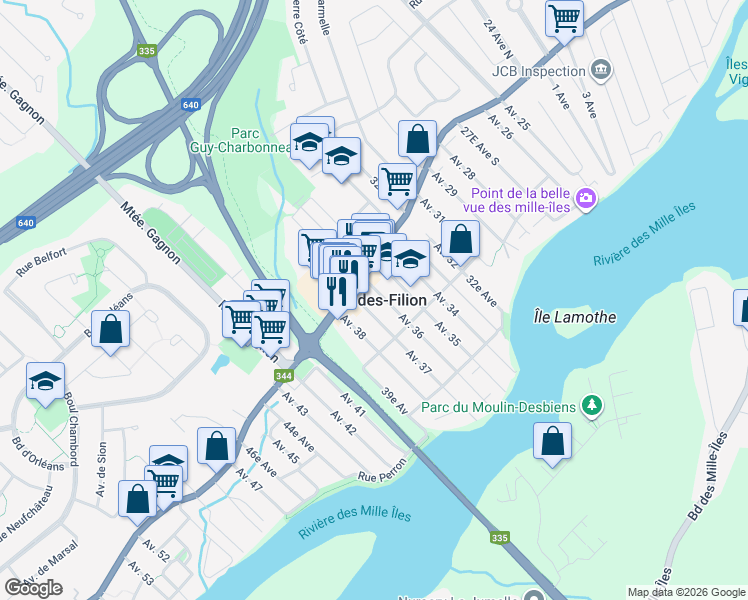 map of restaurants, bars, coffee shops, grocery stores, and more near in Bois-des-Filion