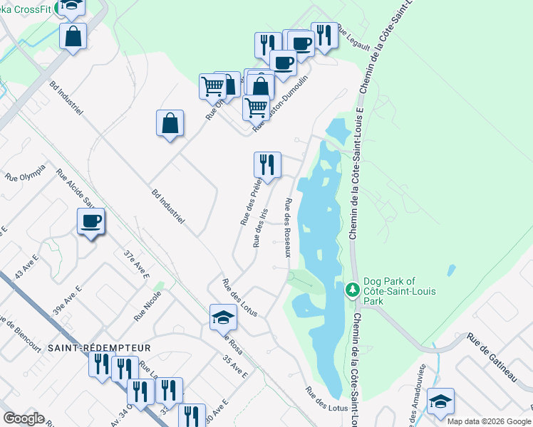 map of restaurants, bars, coffee shops, grocery stores, and more near 37 Rue des Iris in Blainville