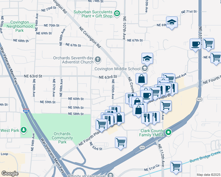 map of restaurants, bars, coffee shops, grocery stores, and more near 6205 Northeast 105th Avenue in Vancouver
