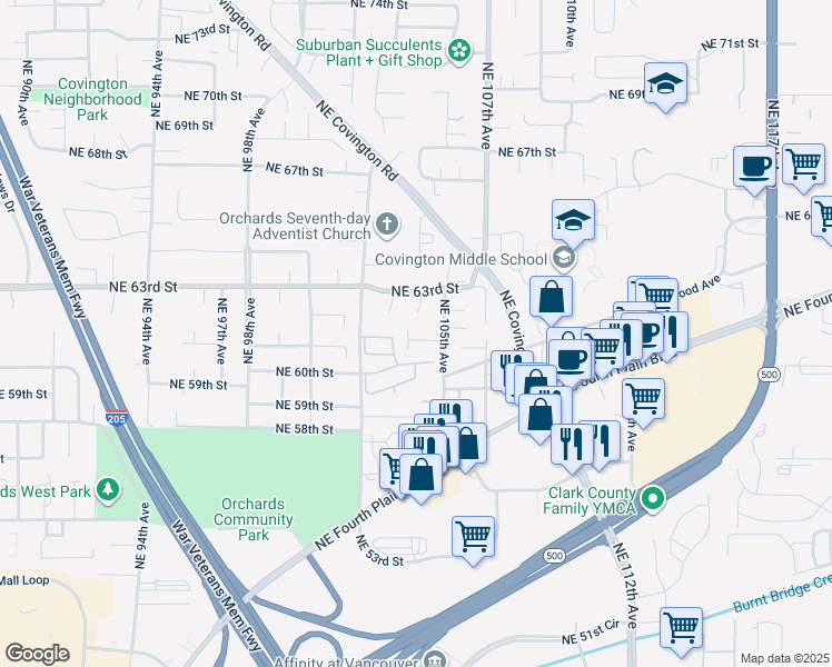 map of restaurants, bars, coffee shops, grocery stores, and more near 6202 Northeast 104th Court in Vancouver