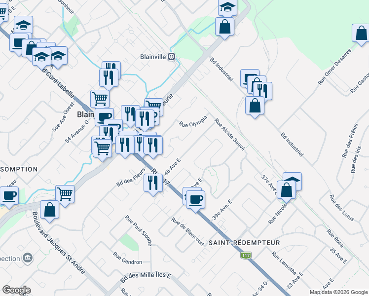 map of restaurants, bars, coffee shops, grocery stores, and more near 20 Avenue 46 Est in Blainville