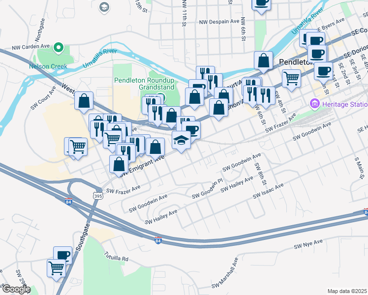 map of restaurants, bars, coffee shops, grocery stores, and more near 1308 Southwest Emigrant Avenue in Pendleton