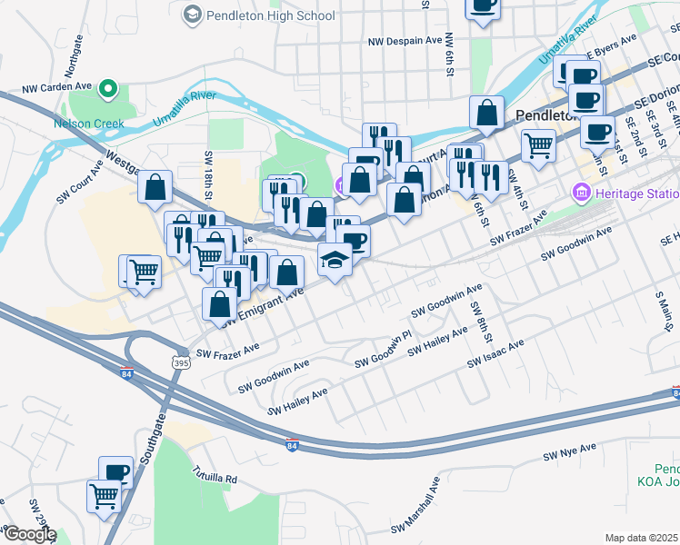 map of restaurants, bars, coffee shops, grocery stores, and more near 1308 Southwest Emigrant Avenue in Pendleton