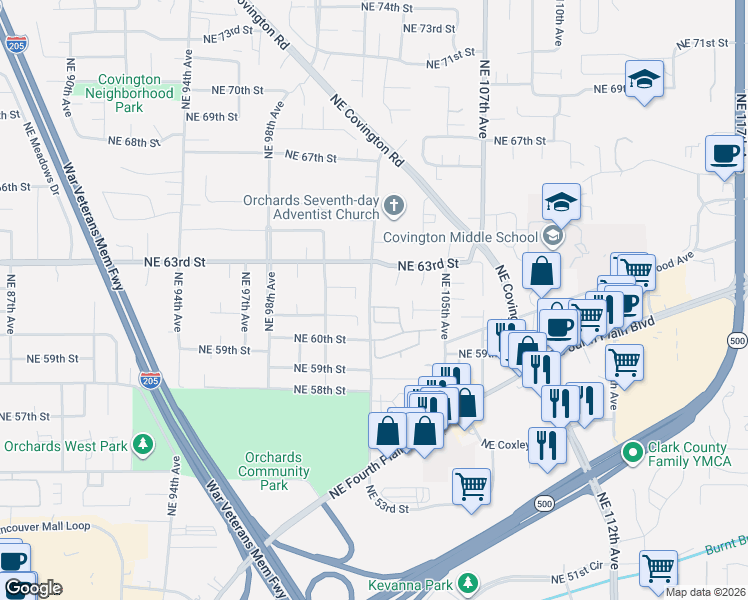 map of restaurants, bars, coffee shops, grocery stores, and more near 6207 Northeast 102nd Avenue in Vancouver