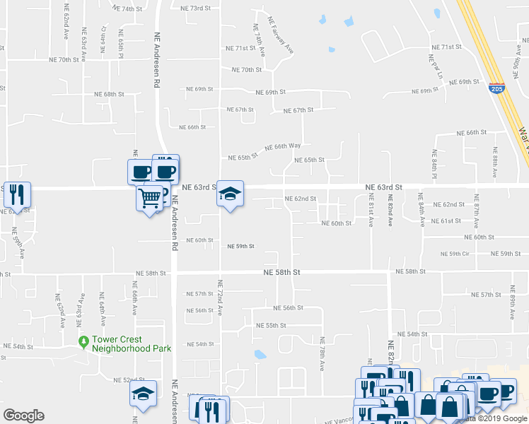 map of restaurants, bars, coffee shops, grocery stores, and more near 7424 Northeast 62nd Street in Vancouver