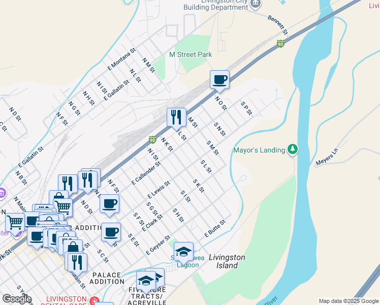 map of restaurants, bars, coffee shops, grocery stores, and more near 113 South L Street in Livingston