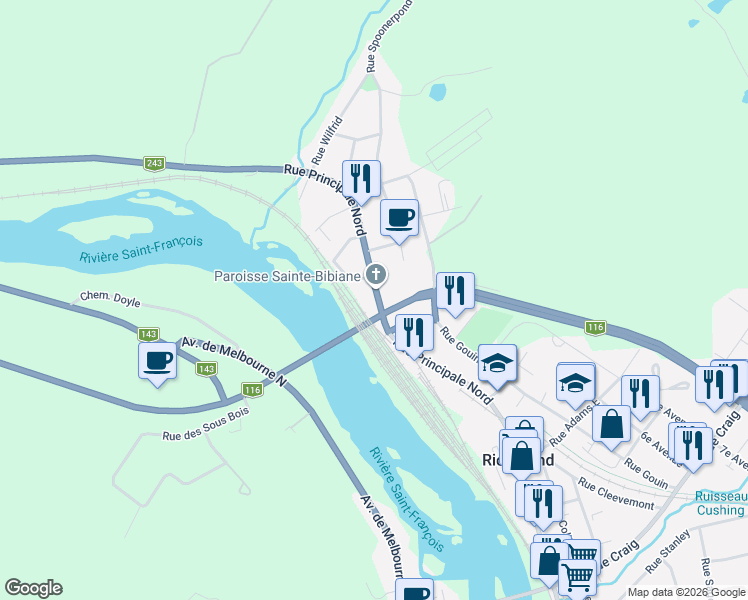 map of restaurants, bars, coffee shops, grocery stores, and more near 937 Rue Principale Nord in Richmond
