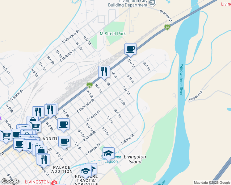 map of restaurants, bars, coffee shops, grocery stores, and more near 113 S L St in Livingston