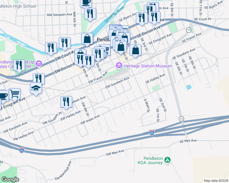 map of restaurants, bars, coffee shops, grocery stores, and more near 601 Southwest 3rd Street in Pendleton
