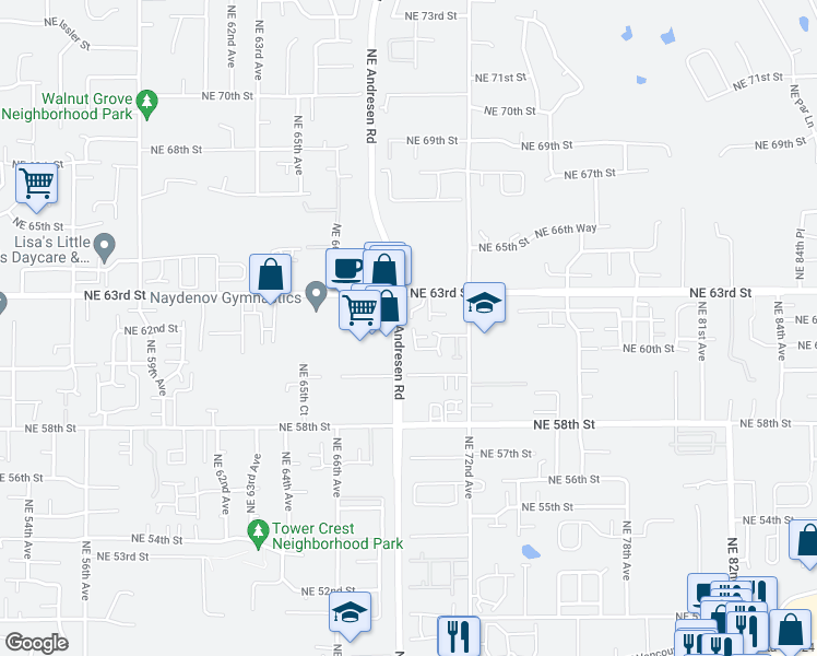 map of restaurants, bars, coffee shops, grocery stores, and more near 6204 Northeast 70th Court in Vancouver