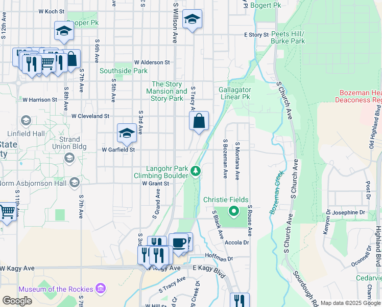 map of restaurants, bars, coffee shops, grocery stores, and more near 1 West Garfield Street in Bozeman