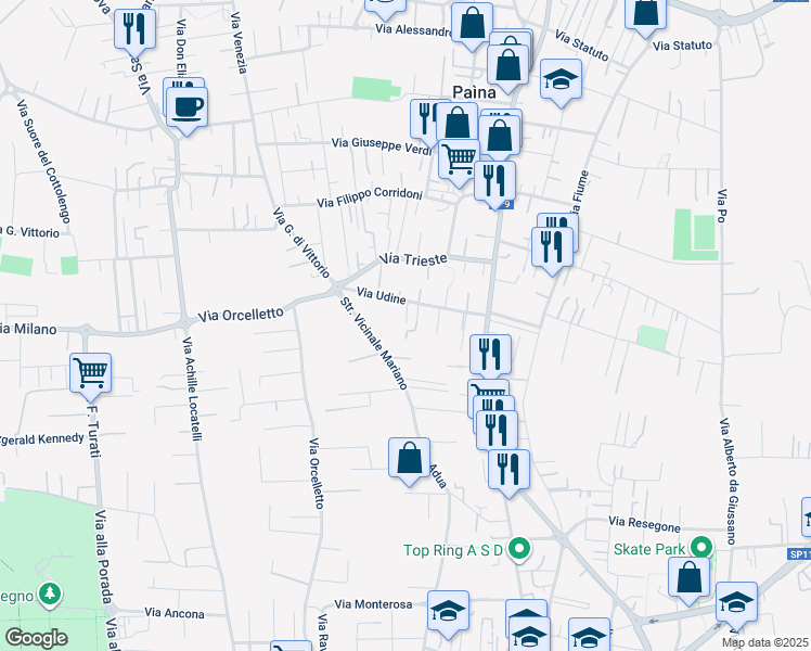 map of restaurants, bars, coffee shops, grocery stores, and more near 23 Via Udine in Giussano