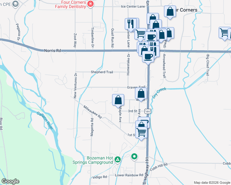 map of restaurants, bars, coffee shops, grocery stores, and more near Graves Trail in Bozeman