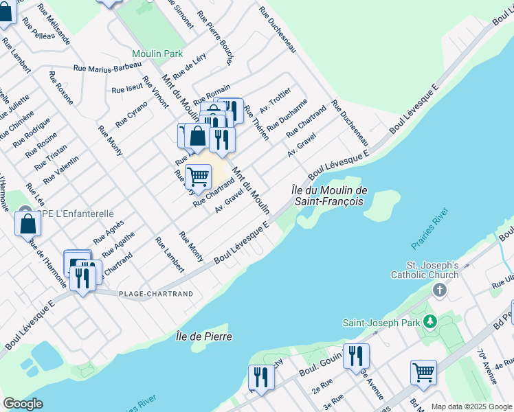 map of restaurants, bars, coffee shops, grocery stores, and more near 490 Montée du Moulin in Laval