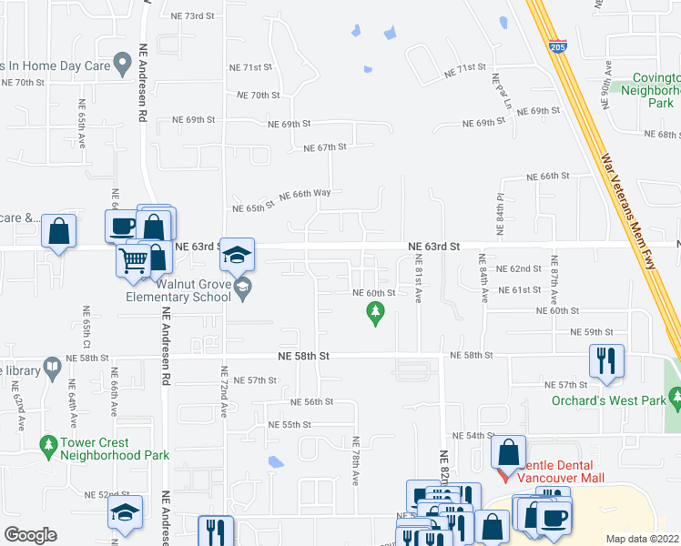 map of restaurants, bars, coffee shops, grocery stores, and more near 7634 Northeast 61st Way in Vancouver