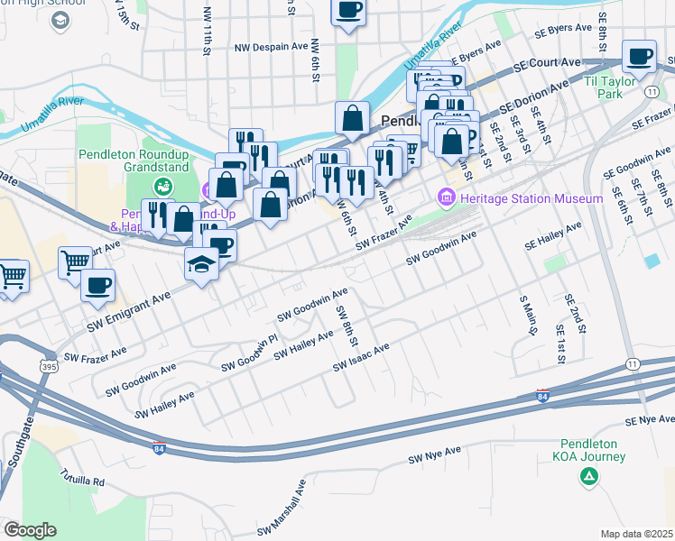 map of restaurants, bars, coffee shops, grocery stores, and more near 709 Southwest Frazer Avenue in Pendleton