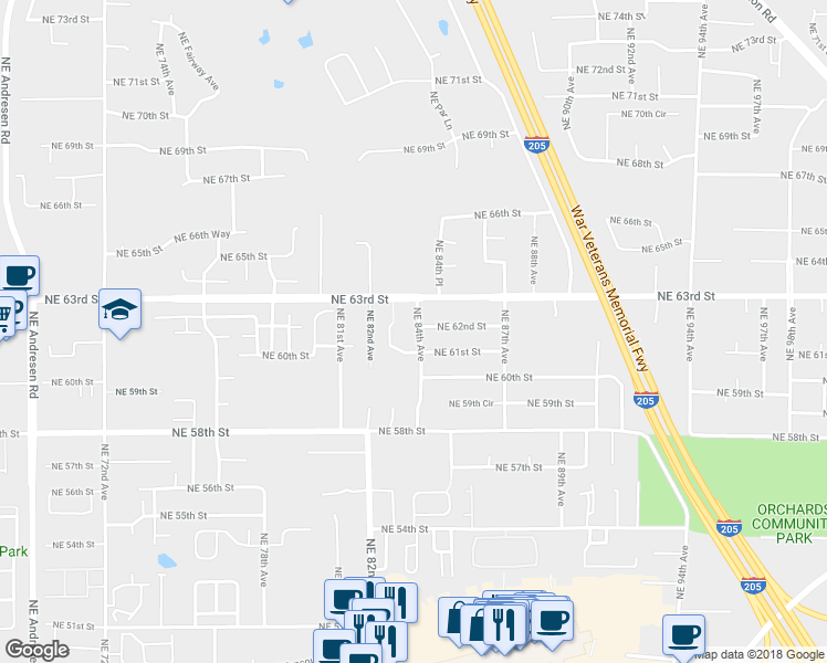 map of restaurants, bars, coffee shops, grocery stores, and more near 6206 Northeast 84th Avenue in Vancouver