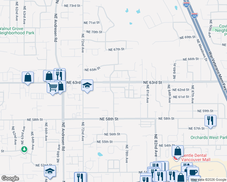 map of restaurants, bars, coffee shops, grocery stores, and more near 7602 Northeast 61st Way in Vancouver