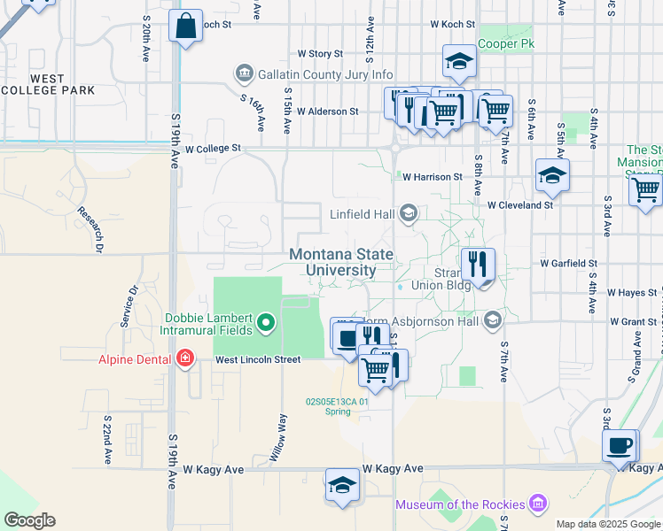 map of restaurants, bars, coffee shops, grocery stores, and more near 200 North Hedges Hall in Bozeman