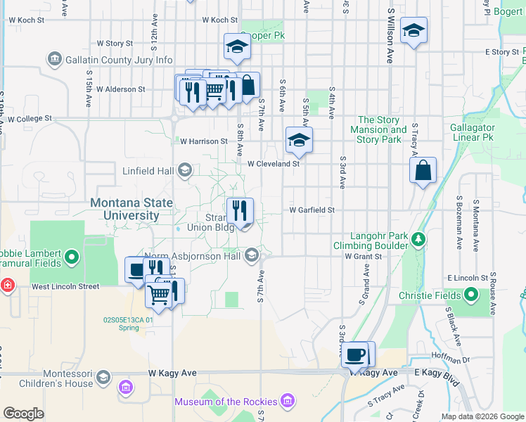 map of restaurants, bars, coffee shops, grocery stores, and more near South 7th Avenue in Bozeman