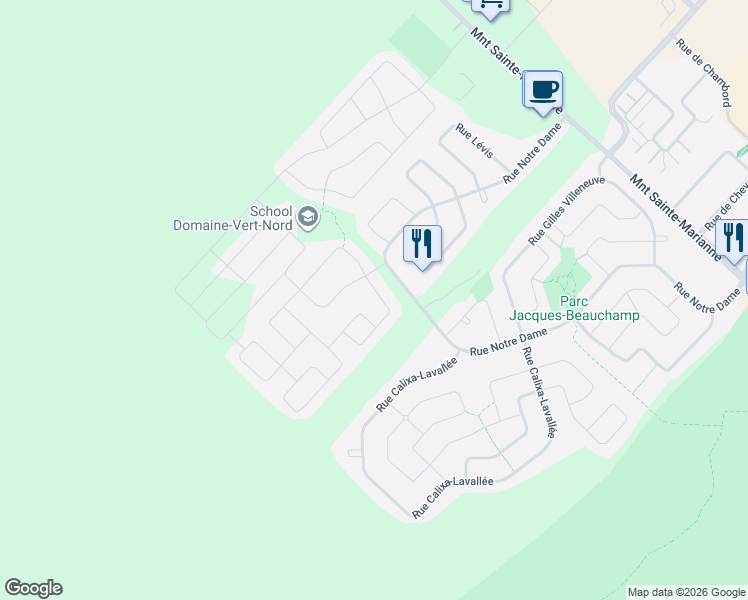 map of restaurants, bars, coffee shops, grocery stores, and more near 11030 Rue De Beauharnois in Mirabel