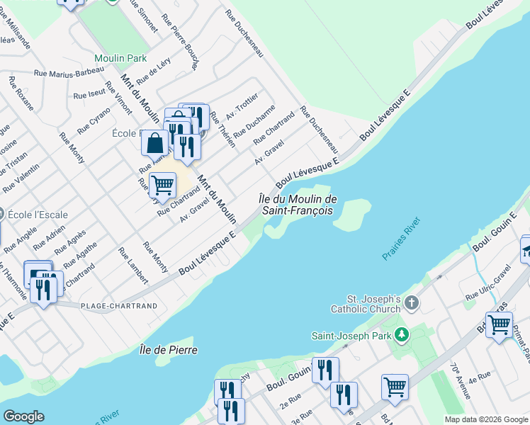 map of restaurants, bars, coffee shops, grocery stores, and more near 8630 Boulevard Lévesque Est in Laval