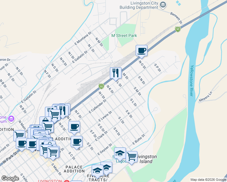 map of restaurants, bars, coffee shops, grocery stores, and more near 116 North K Street in Livingston