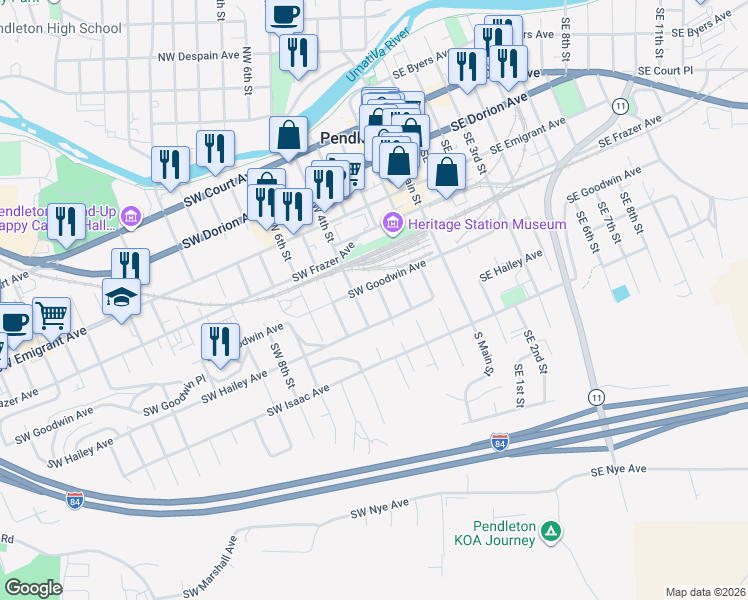 map of restaurants, bars, coffee shops, grocery stores, and more near 601 Southwest 3rd Street in Pendleton