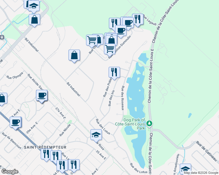 map of restaurants, bars, coffee shops, grocery stores, and more near 35 Rue des Prêles in Blainville