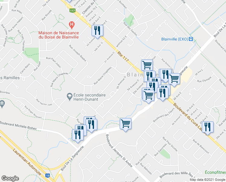 map of restaurants, bars, coffee shops, grocery stores, and more near Avenue 56 Ouest in Blainville