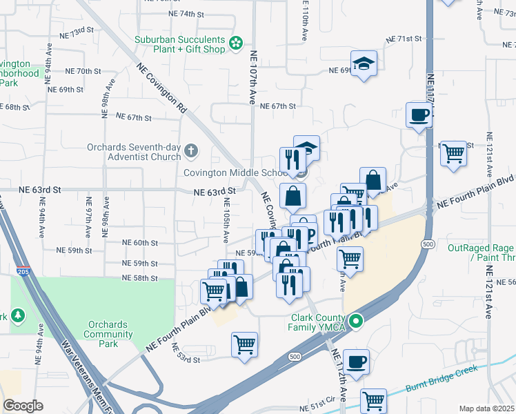 map of restaurants, bars, coffee shops, grocery stores, and more near 10605 Northeast 63rd Street in Vancouver
