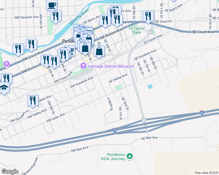 map of restaurants, bars, coffee shops, grocery stores, and more near 713 Southeast 1st Street in Pendleton