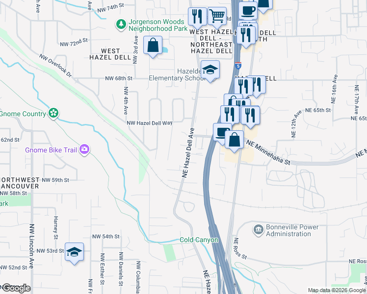 map of restaurants, bars, coffee shops, grocery stores, and more near 6117 Northeast Hazel Dell Avenue in Vancouver