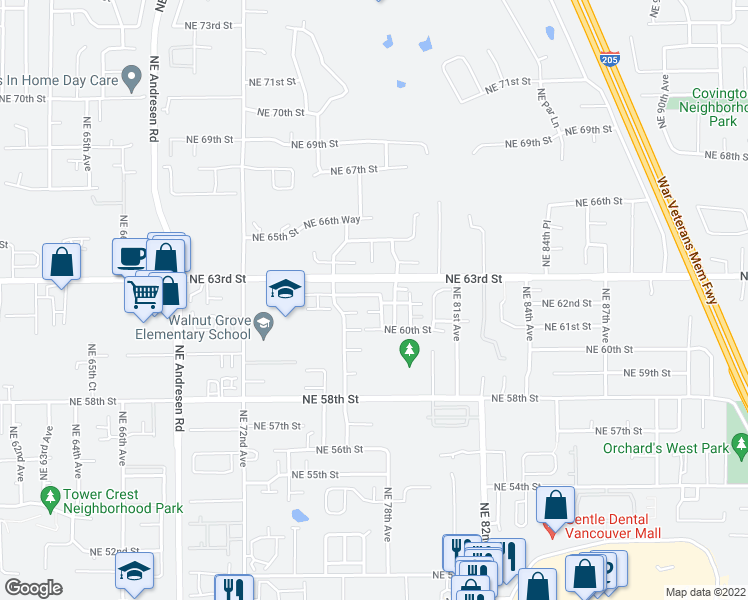 map of restaurants, bars, coffee shops, grocery stores, and more near 7641 Northeast 62nd Street in Vancouver