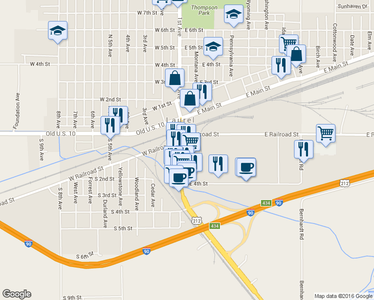 map of restaurants, bars, coffee shops, grocery stores, and more near 103 South 1st Avenue in Laurel