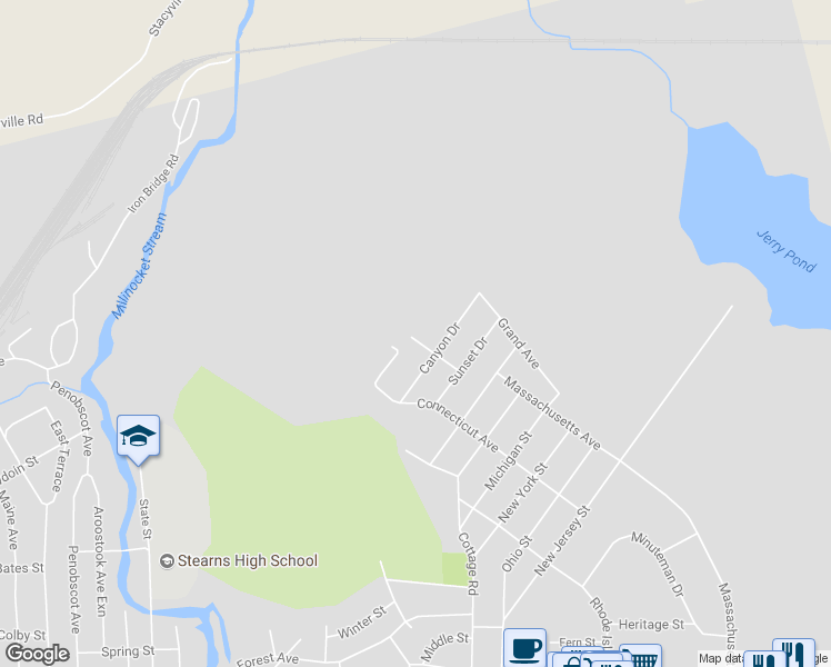 map of restaurants, bars, coffee shops, grocery stores, and more near 79 Alpine Avenue in Millinocket