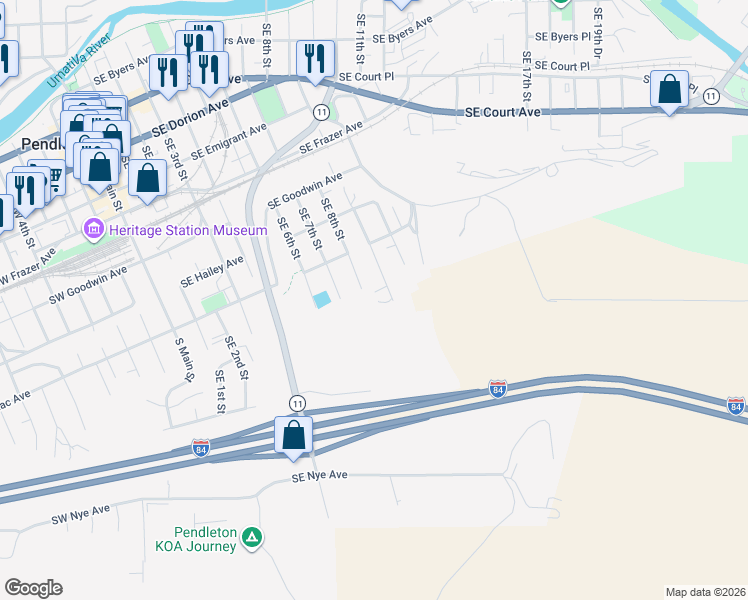 map of restaurants, bars, coffee shops, grocery stores, and more near 941 Southeast 9th Street in Pendleton
