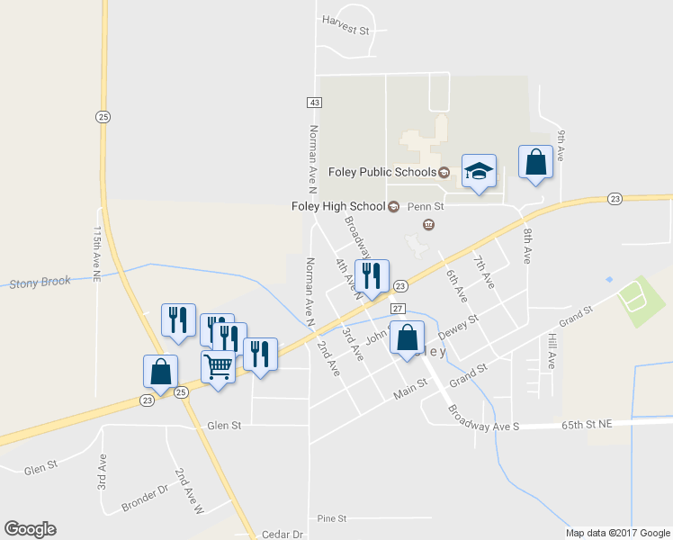 map of restaurants, bars, coffee shops, grocery stores, and more near 521 4th Avenue North in Foley