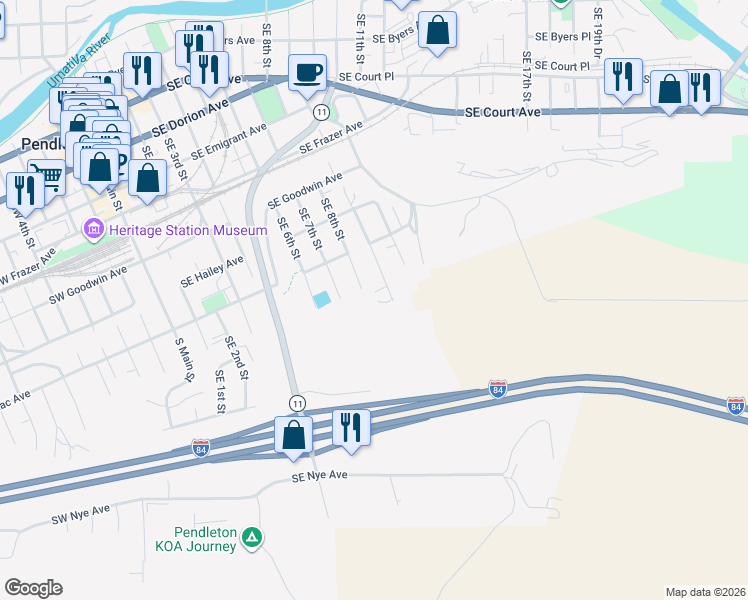 map of restaurants, bars, coffee shops, grocery stores, and more near 935 Southeast 9th Street in Pendleton